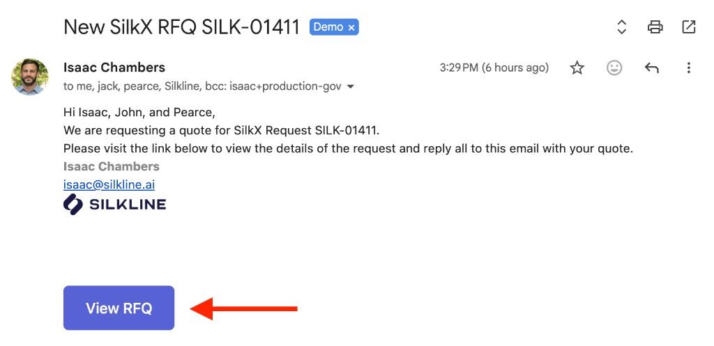Example supplier RFQ email with View RFQ button