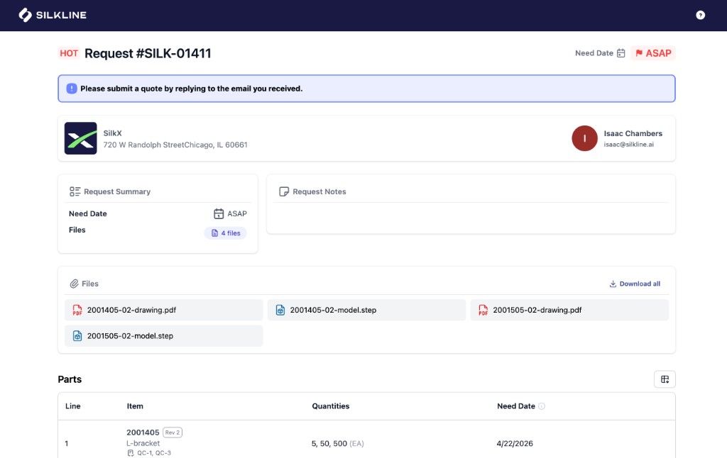 Example supplier RFQ page showing summary details and files